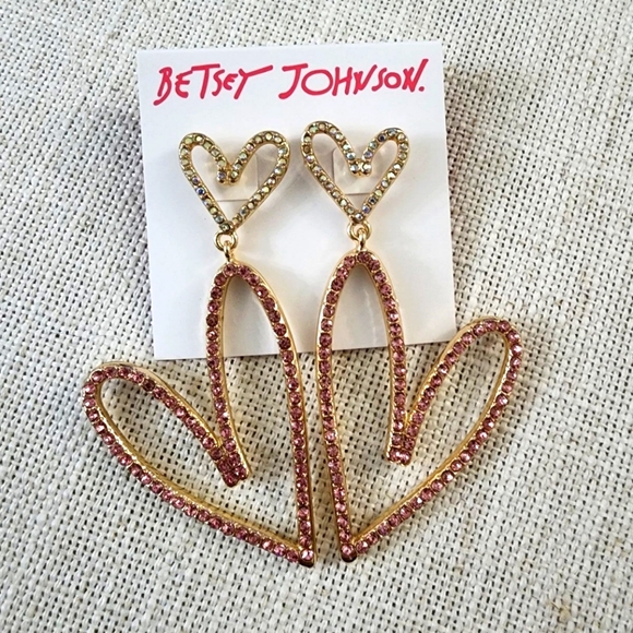 Betsey Johnson Jewelry - Betsey Johnson Iridescent & Pink Crystal Double Heart Dangle Earrings Gold Tone